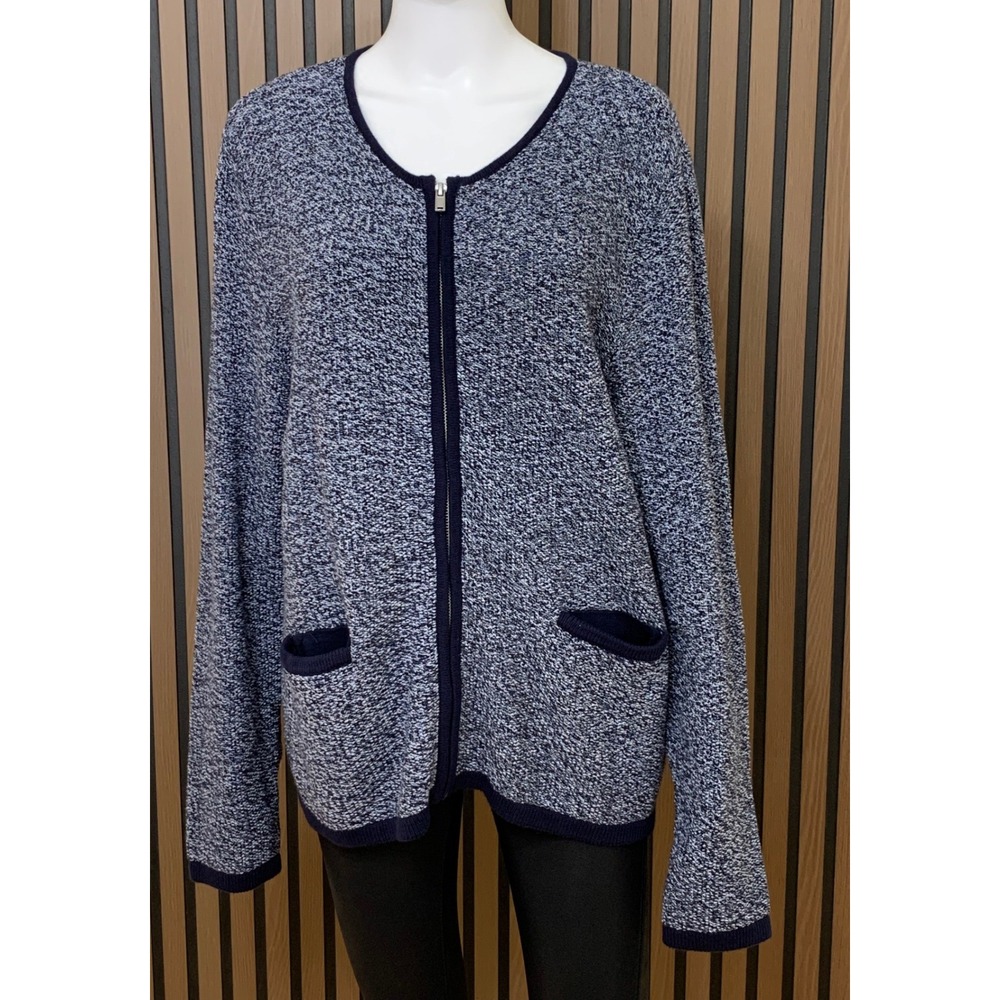 Talbots Women's XL Navy White Marled 100% Cotton Zip Cardigan Sweater Pockets